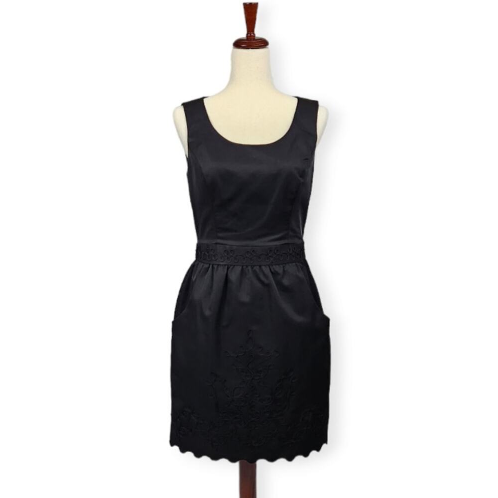2B.Rych Sheath Dress Embroidered Scalloped Hem Pockets Black Women's Size 6